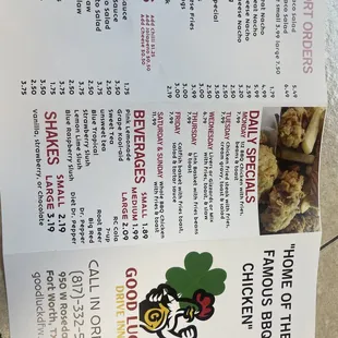 a menu for a good luck drive - in