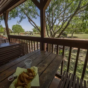 a plate of fried fish and chips on a picnic table