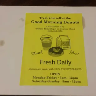 Hours and phone number on the box.