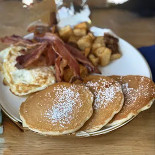 Pancake and eggs with potatoes