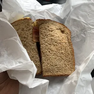 Bacon egg &amp; cheese on whole wheat. Next time I&apos;ll add mayo and jelly. That&apos;ll do it.