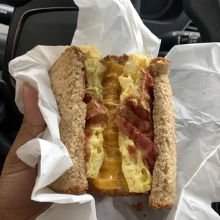 Bacon egg &amp; cheese on whole wheat. Next time I&apos;ll add mayo and jelly. That&apos;ll do it.