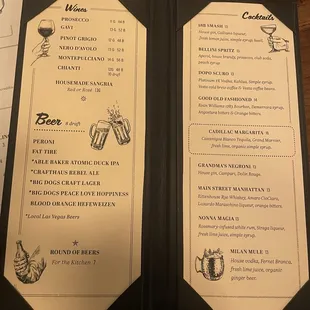Beer Wine and Cocktails menu