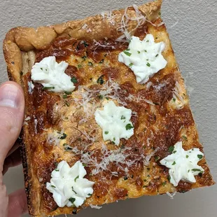 Good Pie 5/4/20: Good White Grandma Style – Fresh Mozzarella, Pecorino, Garlic Oil, Fresh Whipped Ricotta, Shaved Parm, Fresh Parsley