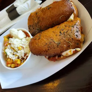 Beef and chorizo meatball sandwich (excellent) and summer corn salad (great)