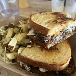 Adobo Grilled Cheese Sandwich and  Fresh Cut Fries with Garlic Parm