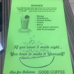 a menu for shakes
