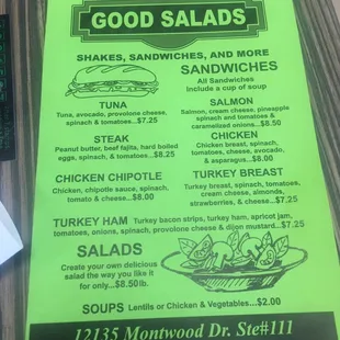 a menu for a sandwich and salad