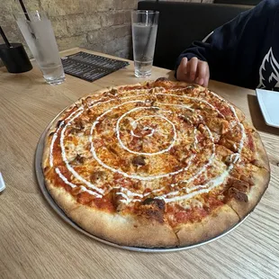 Buffalo Chicken Pizza, Bleu Cheese on side.