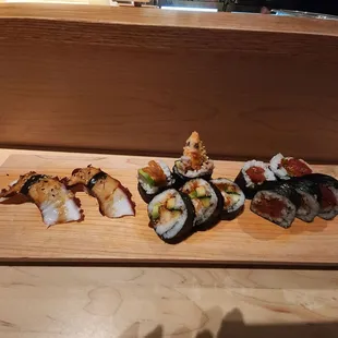 Octopus, spicy tempura shrimp roll and spicy tuna roll.