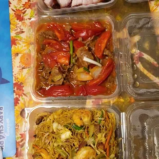 roasted pork, beef and tomato stir fry, and Singapore vermicelli. All yum!