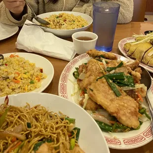Salt and pepper pork chops, chicken Beef with Ginger &amp; Green Onions, Choice of Fried Rice and House Special Chow Mein
