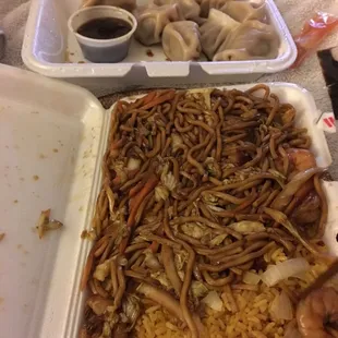 Steamed dumplings and shrimp lo mein.