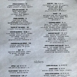 Lunch menu with GF, VG, V options