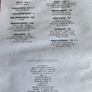 Breakfast menu with GF, VG, V options