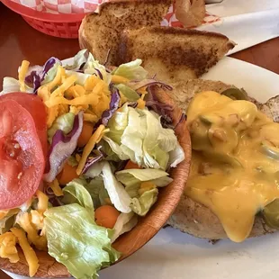 Jalapeno chicken queso with side salad and toast.