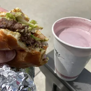 Guacamole bacon burger and Oregon Blackberry Shake and Guacamole Bacon burger