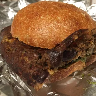 Sicilian Black Bean Burger- focaccia bun, pesto.