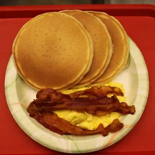 pancakes and bacon on a plate