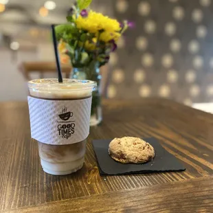 Ice coffee, fresh cookies baked daily