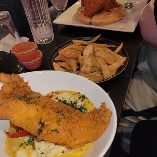 Catfish &amp; Grits (so good), fries and Chicken &amp; Waffle (tasty too)