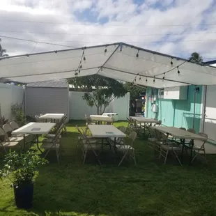 20x20 white canopy, tables, and chairs
