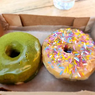 Vegan matcha and vanilla sprinkle doughnuts