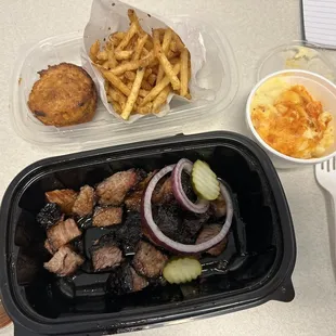 Burnt ends, mac and cheese, skinny fries and cornbread