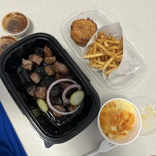 Burnt ends, mac and cheese, skinny fries and cornbread
