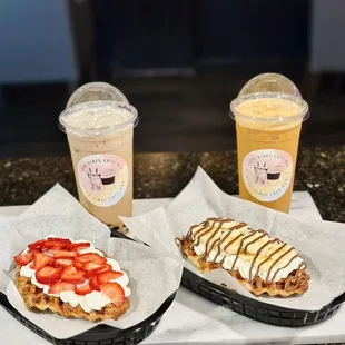 Strawberry croffle, banana croffle &amp; boba milk tea.