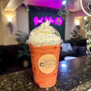 Real fruit strawberry smoothie with whipped cream!