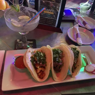 Fish, steak, pork tacos