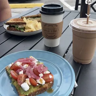 Tuna Sandwich and Loaded Avocado Toast French press coffee and a protein shake