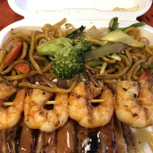 shrimp, broccoli, and noodles