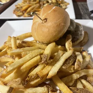 a hamburger and french fries