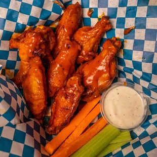 Chicken Wings - choice of Buffalo or Spicy BBQ sauce with carrots and celery