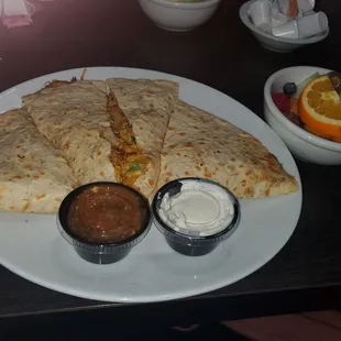 Breakfast quesadilla and fruit