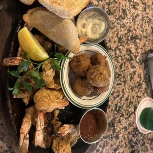Gulf shrimp- half fried &amp; high mesquite grilled with hushpuppies &amp; the empanada
