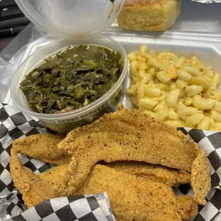 Fried fish Mac n cheese and greens