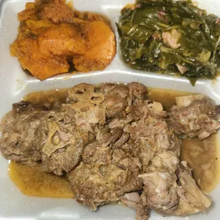 Turkey necks, candied yams and greens.