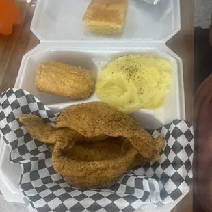 The best catfish, fried corn, and mashed potatoes.