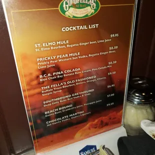 Cocktail menu