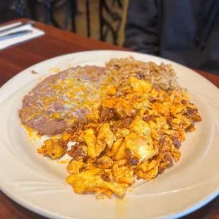Egg and Chorizo with a side of rice and beans