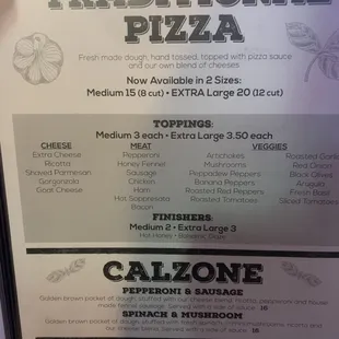 Menu- pizza options