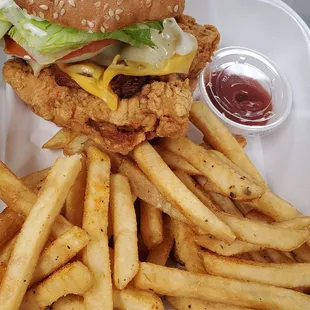 a chicken sandwich and french fries