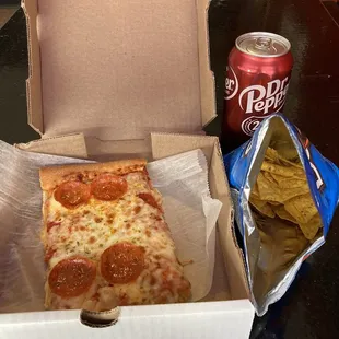 Pepperoni pizza, chips and a drink