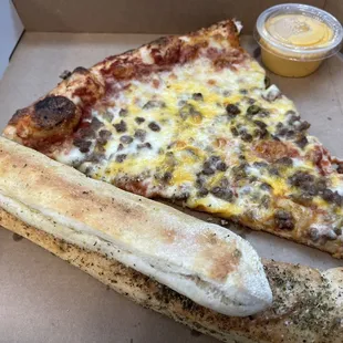 Beef and Cheddar Slice and a Breadstick as long as my arm.