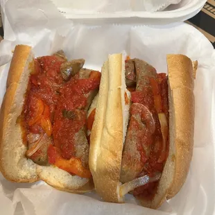 Sausage and two peppers. Maybe an onion?