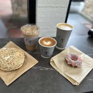 Everything bagel with cream cheese and caffeinated Kitchen donut.