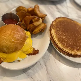 Breakfast Sandwich and Pancakes